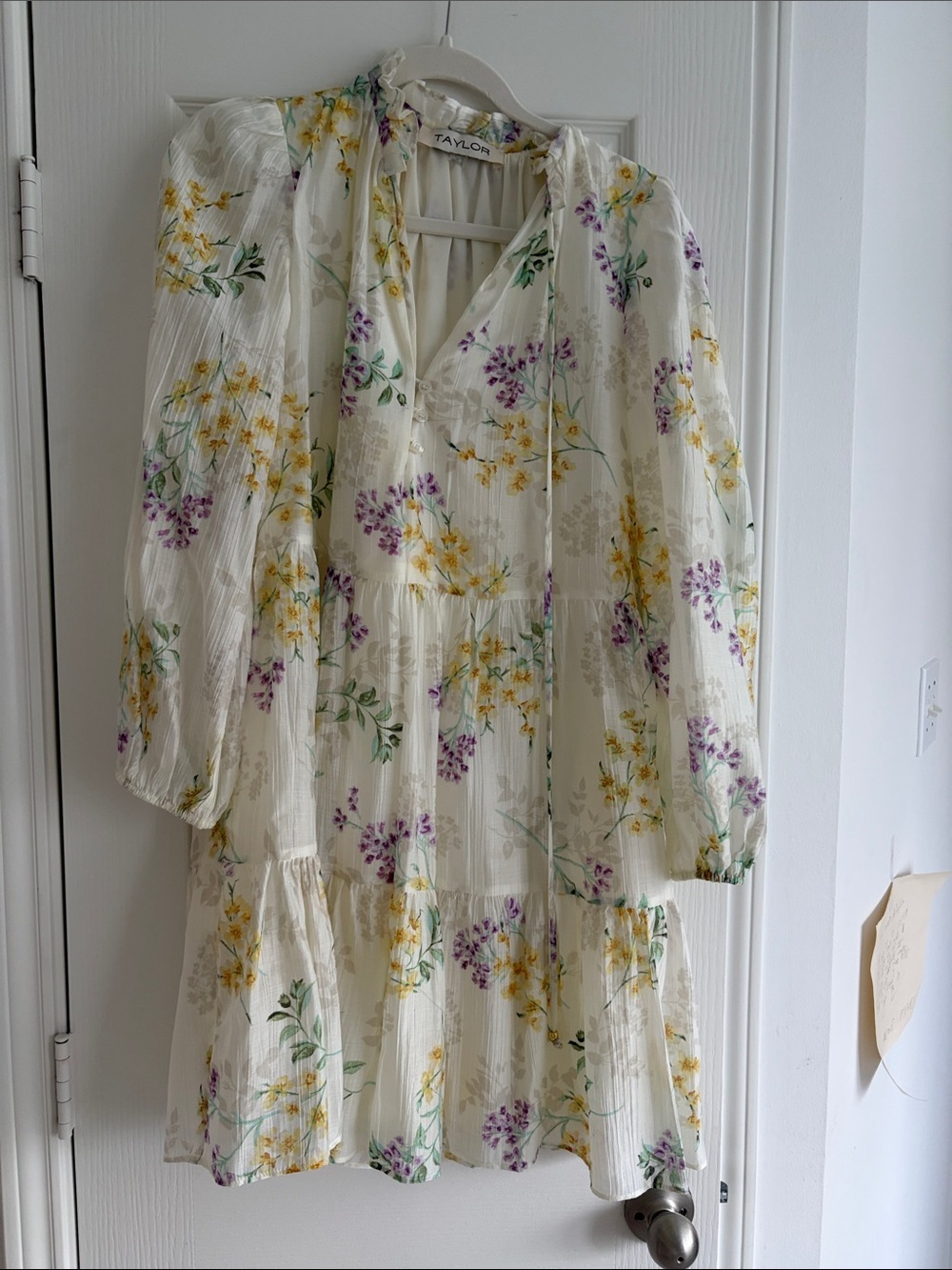 Taylor Cream Floral Tiered Long-Sleeve Dress with Purple & Yellow Blooms